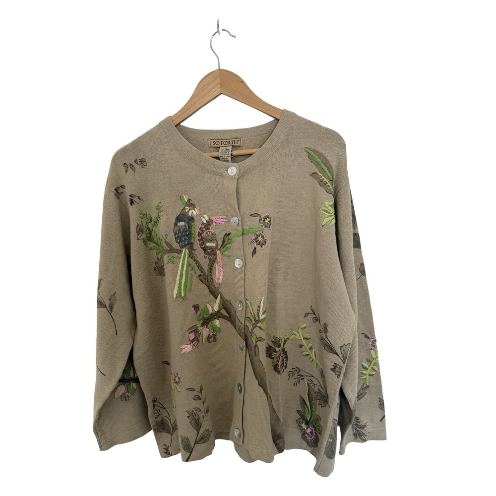 So Forth Woman's Button Front Linen Blend Bird embroidered tan sweater plus 1x